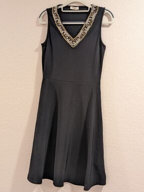 Busem Sleeveless Black Dress With Embellished V Neck, Size Medium, Runs Smaller.